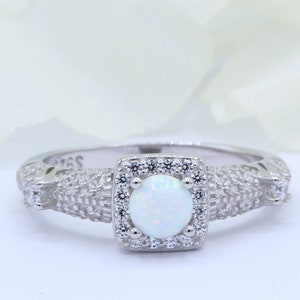 Halo Round Lab White Opal Inset Art Deco Vintage Wedding Engagement Ring CZ Solid 925 Sterling Silver Choose Your Stone