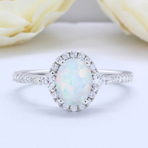 Three Stone Halo Oval Lab White Opal Art Deco Vintage Wedding Engagement Ring Round CZ Solid 925 Sterling Silver Choose Your Stone