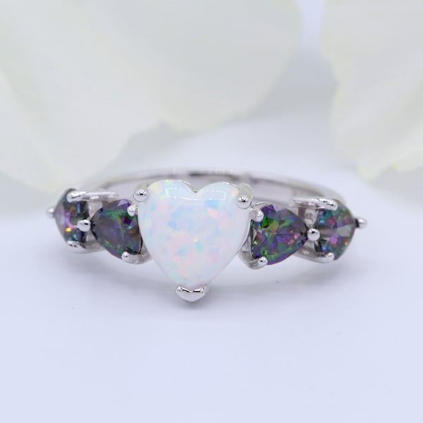 7mm Heart Lab White Opal Mystic Rainbow Topaz Accent Art Deco Wedding Bridal Engagement Promise Ring Solid 925 Sterling Silver Valentines