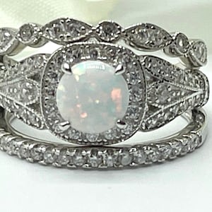 Eternity Three Piece Halo Round White Lab White Opal Art Deco Wedding Engagement Ring Set CZ Solid 925 Sterling Silver Choose Your Stone