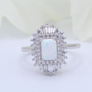 7mmx5mm Emerald Cut Lab White Opal Vintage Art Deco Halo Wedding Bridal Engagement Ring Baguette Round CZ 925 Sterling Silver New Design