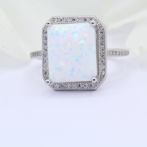 Halo CZ Emerald Cut Lab White Opal Art Deco Vintage Wedding Engagement Ring Solid 925 Sterling Silver Choose Your Band Color