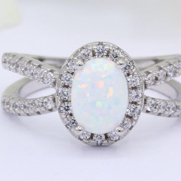 Halo Double CZ Band Lab White Opal Oval Art Deco Wedding Bridal Engagement Ring Round CZ  Solid 925 Sterling Silver Choose Your Stone