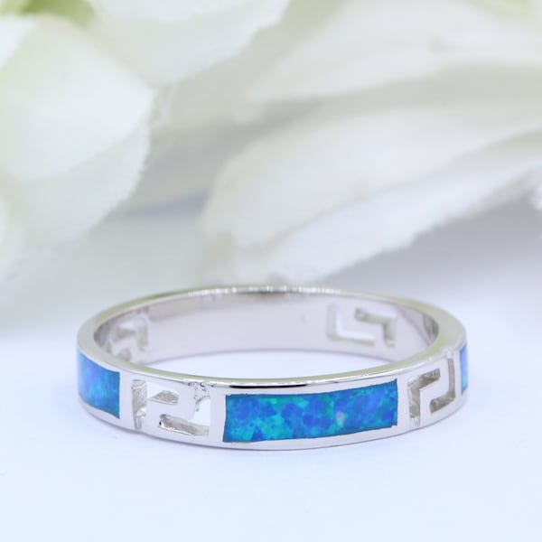 Greek Key Ring Lab Blue Opal Greek Key Design Unique Promise Ring Vintage Ring Solid 925 Sterling Silver Choose Your Band Color