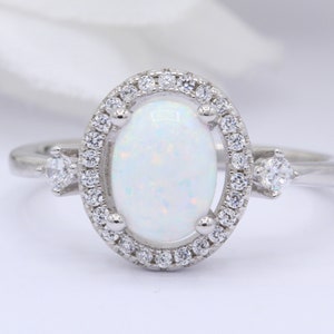 Three Stone Halo Oval Lab White Opal Art Deco Vintage Wedding Engagement Ring Round CZ Solid 925 Sterling Silver Choose Your Stone