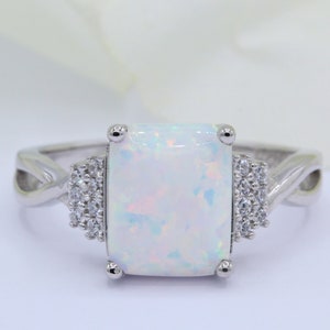 Three Stone Emerald Cut Infinity Shank Lab White Opal Art Deco Vintage Wedding Engagement Ring Solid 925 Sterling Silver Choose Your Band