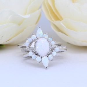 Triple Piece Set Oval Halo White Lab Opal Teardrop Design Art Deco Wedding Engagement Ring Vintage Band CZ Solid 925 Sterling Silver Band