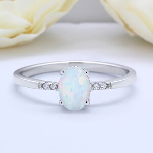 Solitaire Oval Lab White Opal Half Round CZ Band Art Deco Wedding Engagement Ring Round CZ Solid 925 Sterling Silver Choose Your Stone
