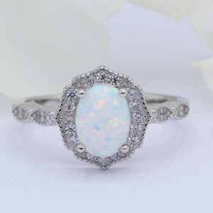 Halo Oval Lab White Opal Art Deco Vintage Style Wedding Engagement Ring Round CZ Solid 925 Sterling Silver Choose Your Band Color