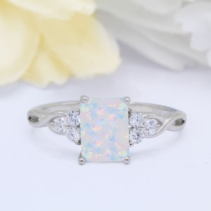 8mmx6mm Emerald Cut Lab White Opal Vintage Art Deco Three Stone Infinity Shank Wedding Bridal Engagement Ring 925 Sterling Silver Band Color