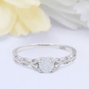 6mm Petite Round Dainty Lab White Opal Ring Fashion Ring Solid 925 Sterling Silver Choose your Stone and Band Color Unique Design