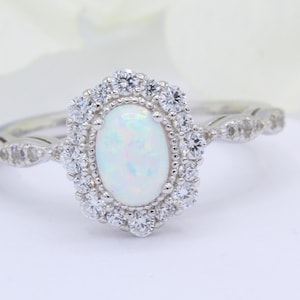 Halo Lab White Opal Wedding Engagement Bridal Ring Vintage Art Deco Oval Lab White Opal Halo Round Diamond CZ Accent 925 Sterling Silver
