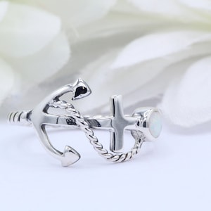 Maritimer Twisted Rope Lab Weiß Opal Anker Ring geflochten Lab erstellt weißer Opal Daumen Ring Sterling Silber 925 Band Wählen Sie Ihre Bandfarbe