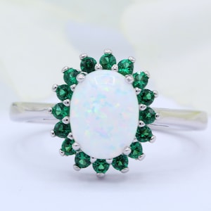 Simulated Emerald Halo Vintage Art Deco Oval Lab White Opal Wedding Engagement Bridal Ring Round Emerald CZ Accent 925 Sterling Silver