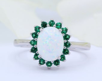 Simulated Emerald Halo Vintage Art Deco Oval Lab White Opal Wedding Engagement Bridal Ring Round Emerald CZ Accent 925 Sterling Silver