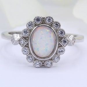 Halo Lab White Opal Wedding Engagement Bridal Ring Vintage Art Deco Oval Lab White Opal Halo Round  Diamond CZ Accent 925 Sterling Silver