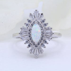 Vintage Art Deco Marquise Lab White Opal Wedding Engagement Bridal Ring Round Diamond CZ Accent 925 Sterling Silver