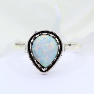 Bali Design Teardrop Pear Shape Lab White Opal Oxidized Metal Wedding Engagement Ring Solid 925 Sterling Silver Choose Your Band Color