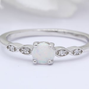 5mm Stackable Petite Dainty Lab White Opal Round Ring CZ Accent Band Fashion Ring Petite Dainty Solid 925 Sterling Silver Band Unique Design