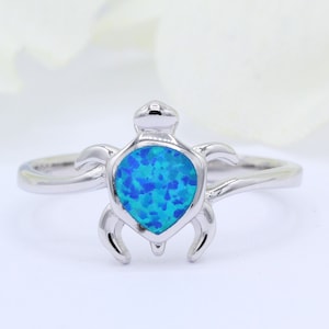 Blue Opal Turtle Ring: 925 Sterling Silver, 10mm Simulated Gemstone
