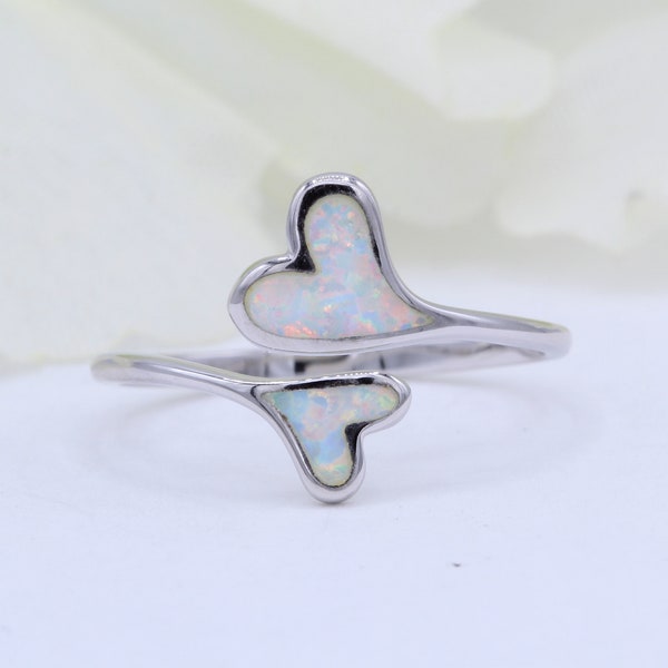 Double Heart Lab White Opal Oxidized Celtic Heart Wedding Bridal Engagement Heart Shape Ring Solid 925 Sterling Silver Choose Band Color