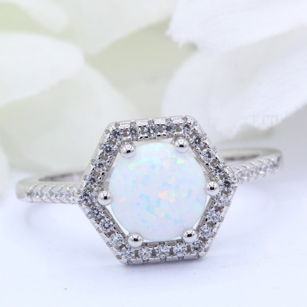 Solitaire Halo Hexagon Lab White Opal Solid Band Art Deco Wedding Engagement Ring Round Solid 925 Sterling Silver Choose Your Band Color