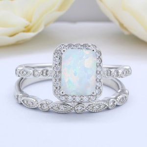 Two Piece Set Halo Emerald Cut Lab White Opal Art Deco Vintage Wedding Engagement Ring CZ Design Solid 925 Sterling Silver Choose Your Stone