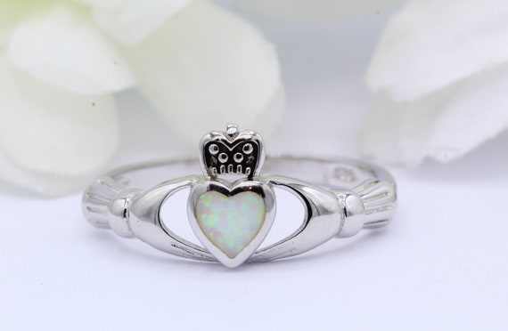 Sterling Silver Created White Opal Heart Claddagh Crown Ring Sterling Silver Created White Opal Heart Claddagh Crown Ring