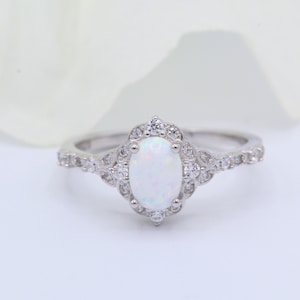 Vintage Art Deco Oval Lab White Opal Halo Wedding Engagement Bridal Ring Round Diamond CZ Accent 925 Sterling Silver