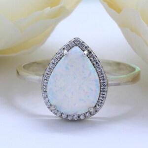 Halo Teardrop White Lab White Opal Art Deco Wedding Engagement Ring Round CZ Solid 925 Sterling Silver Choose Your Stone