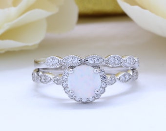 Art Deco Lab Opal Engagement Ring Set, Round CZ Sterling Silver
