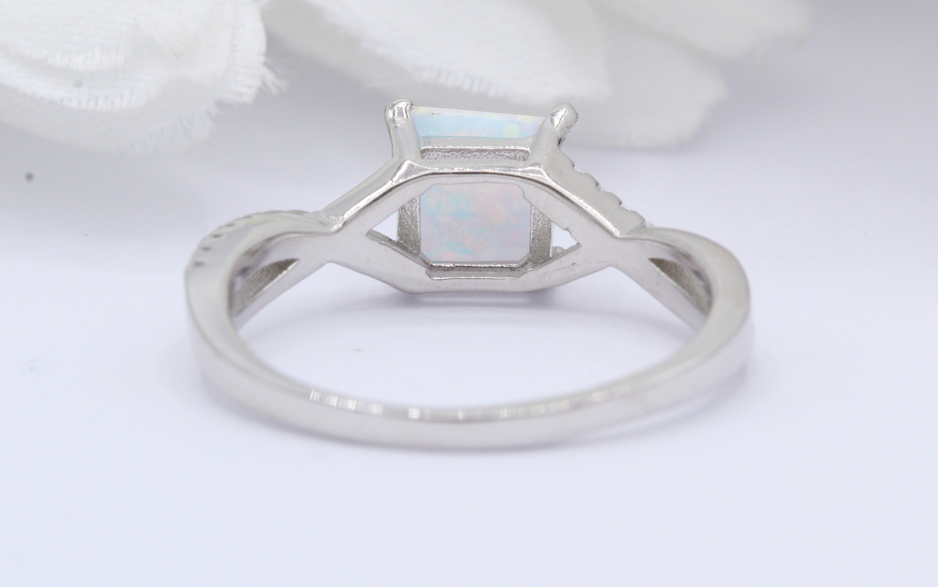 Infinity Shank Princess Cut Lab White Opal Art Deco Vintage