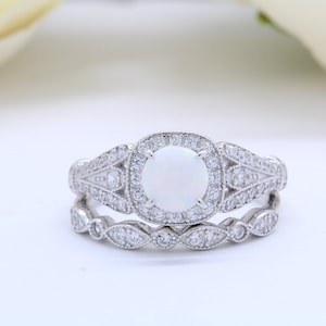 Two Piece Bridal Set Round Lab White Opal Art Deco Wedding Engagement Ring Set Round CZ Band Solid 925 Sterling Silver Choose Your Stone