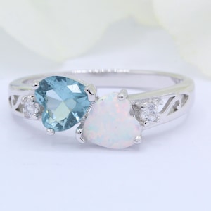 Double Heart Shaped Lab White Opal and Blue Red CZ Celtic Band Ring CZ Band Ring Petite Dainty Solid 925 Sterling Silver Band Unique Design