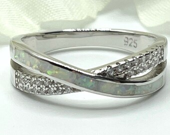 Sterling Silver Crisscross Ring with Lab White Opal & Cubic Zirconia