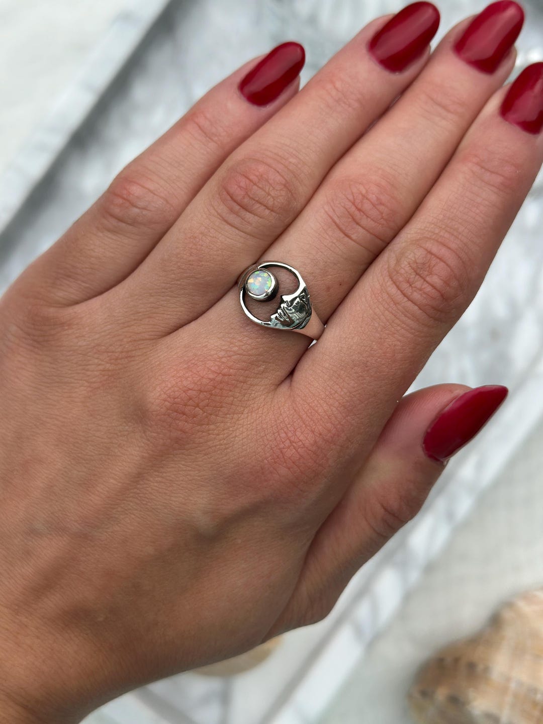 Crescent Moon Sterling Silver Ring: Lab White Opal Art Deco Promise ...