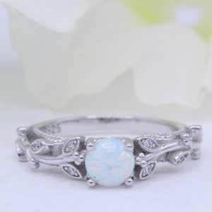 Solitaire Round Lab White Opal Round Vine and Leaf CZ Design Band Art Deco Wedding Engagement Ring 925 Sterling Silver Choose Your Band