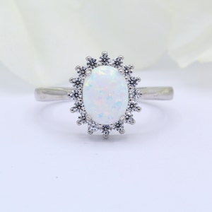Simulated CZ Halo Vintage Art Deco Oval Lab White Opal Wedding Engagement Bridal Ring Round CZ Accent 925 Sterling Silver