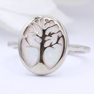 Oval Tree of Life Ring Lab White Opal Wedding Engagement Art Deco Ring Solid 925 Stamped Band Rhodium Plated 925 Sterling Silver