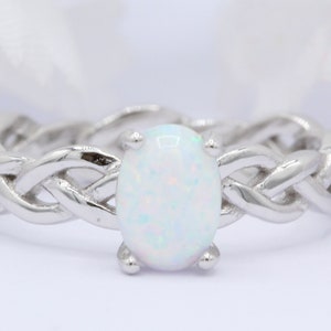Celtic Weaved Braided Eternity Band Oval Lab White Opal Wedding Engagement Ring Unique Chain Band Solid 925 Sterling Choose your Band Color