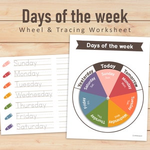 Days of the week wheel for kids | Days of the week for Preschoolers | Days of the week tracing worksheet |  Homeschool Printable