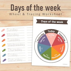 Days of the week wheel for kids | Days of the week for Preschoolers | Days of the week tracing worksheet |  Homeschool Printable