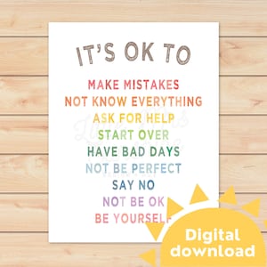 Daily Affirmations Poster for Kids Printable | Rainbow Color It&#39;s Ok Positive Quotes | Inspirational Kids Desk Décor | Instant Digital DL