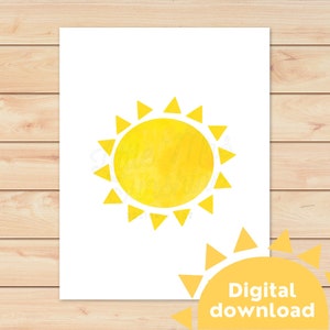 Yellow Sun Wall Art Printable Watercolor Sun Poster Cute Cheerful Sun Illustration Nursery, Kids ...