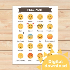 May include: A printable chart with the word "Feelings" at the top. The chart features 16 different emojis representing various emotions, such as happy, sad, angry, and confused. Each emoji is labeled with the corresponding emotion.