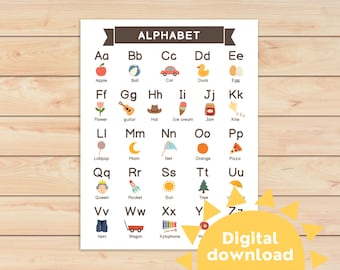 May include: A white educational poster featuring the alphabet from A to Z in black text. Each letter is accompanied by a small, colorful illustration of an object starting with that letter, such as an apple, ball, car, duck, and egg, with the word printed below.