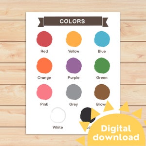 Póster de colores para niños / Nombres de colores / Lista de colores / Decoración para guarderías en inglés / Material imprimible para educación en el hogar / Educación en el hogar / Material didáctico