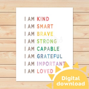 Daily Affirmations Poster for Kids Printable | Rainbow Color I AM Positive Quotes | Inspirational Kids Desk Décor | Instant Digital Download