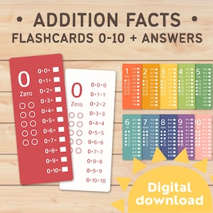 以下が含まれることがあります： 足し算のフラッシュカード0〜10と答え。フラッシュカードは赤、オレンジ、黄色、緑、青、ピンクなど様々な色があります。画像には「デジタルダウンロード」という文字も含まれています。