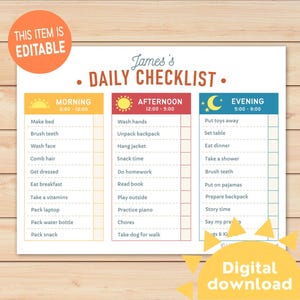 Editable Daily Checklist for Kids | Kids Task Tracker | Printable Responsibility Chart | Homeschool Schedule Planner | Chore Chart for Kids